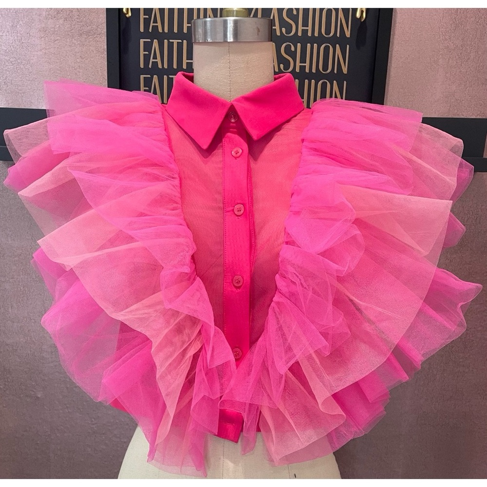 Women's Pink Ruffle Button-Down Shirt - Statement Dressy Top
